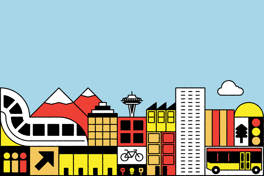 Logo for the One Seattle Comprehensive Plan, as a graphic representation of the Seattle skyline with the Space Needle, mountains, and transit.