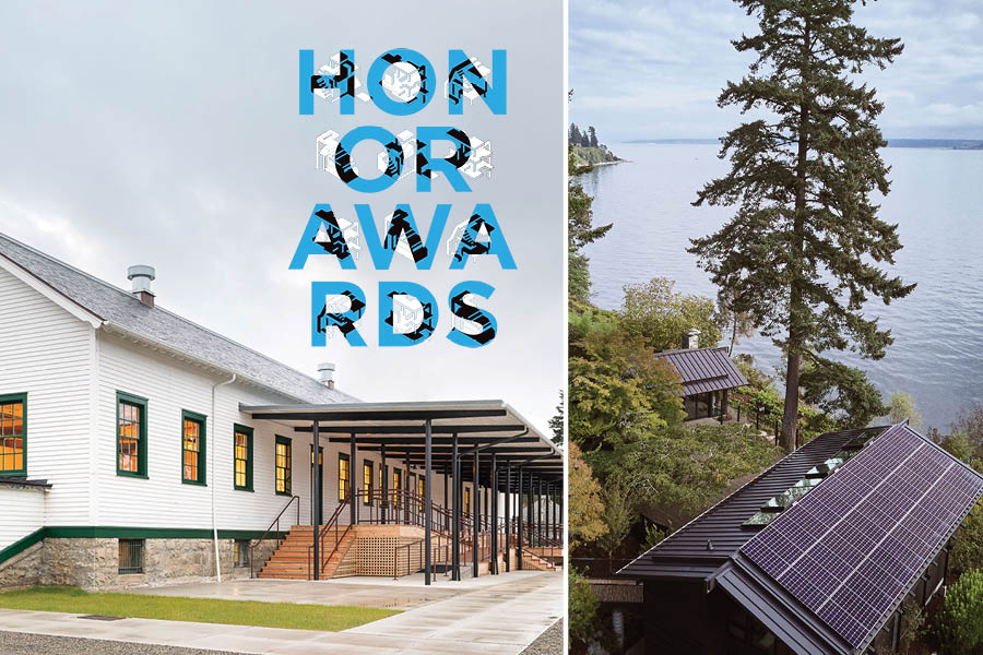 Collage featuring the 2021 Awards of Honor winners from AIA Seattle, showcasing a variety of architectural projects. The image includes multiple photographs or renderings of diverse designs, arranged in a grid format. Each project highlights unique architectural styles and innovative features, celebrating the creativity and excellence recognized by the awards.