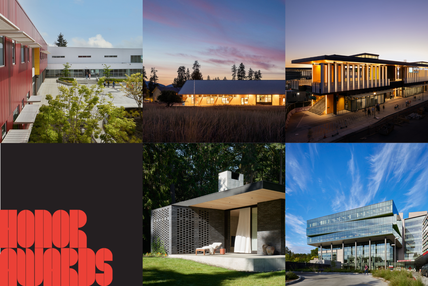 Graphic displaying the winners of the 2023 AIA Seattle awards, featuring five award-winning projects with their names and titles.