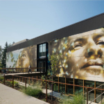 A contemporary building exterior featuring a spacious porch with large windows and a welcoming entrance. The design incorporates a mix of materials, including wood and stone, set against a backdrop of lush greenery.