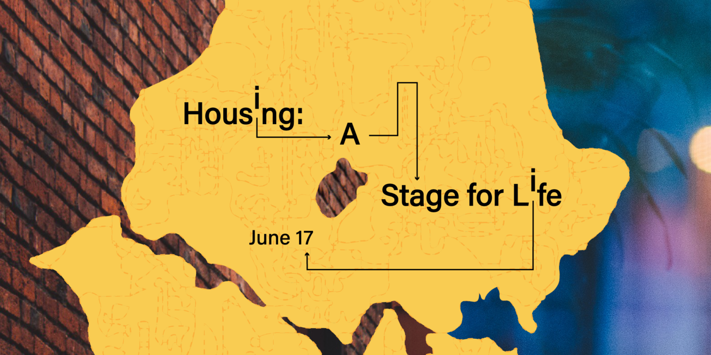 A silhouette of a map of north Seattle, with discombobulated text that reads "Housing: A Stage for Life. June 17"