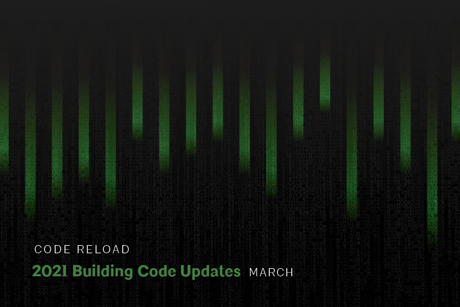 A black background with green gradient columns. Simple sans serif text at the bottom reads "Code Reload: 2021 Building Code Updates March"
