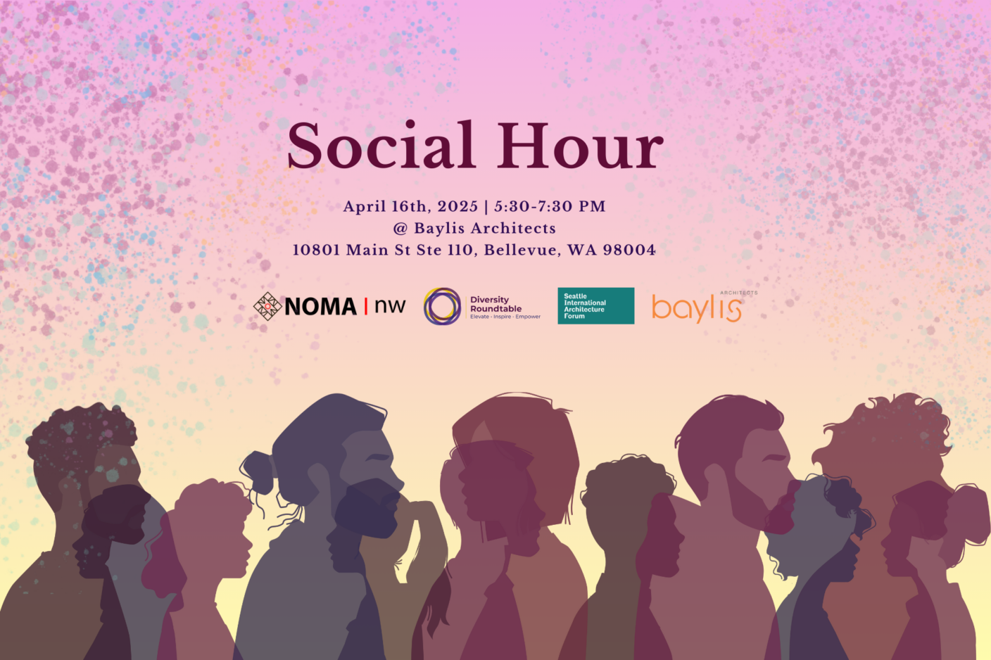 A stylized purple image with silhouettes of people and the text "Social Hour" on top