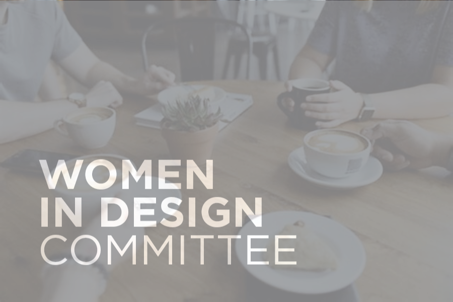 A muted image of coffee mugs on a table with the text "Women in Design Committee" superimposed