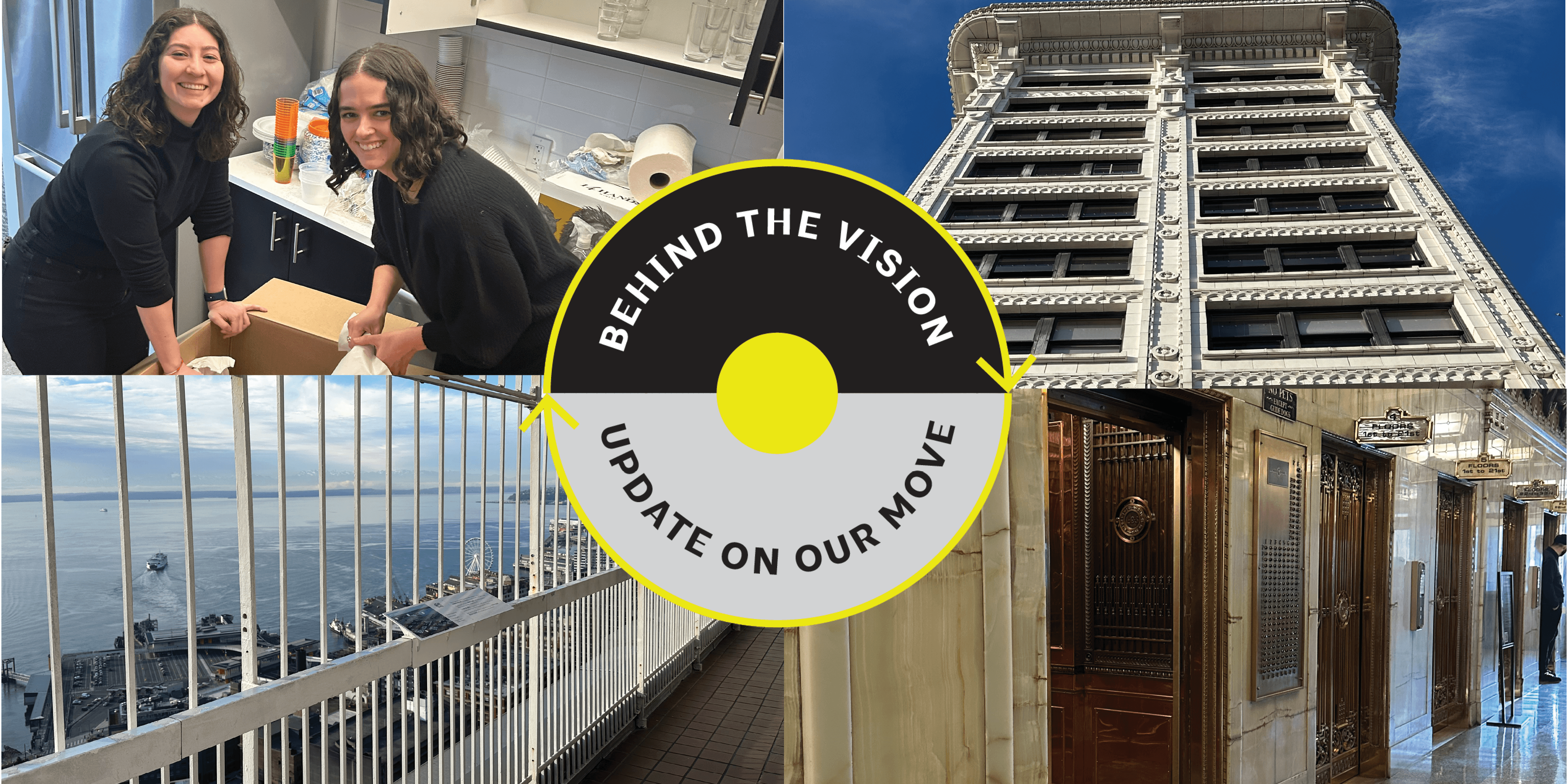 photo collage with images of Smith Tower interior and exterior + staff unpacking in office.