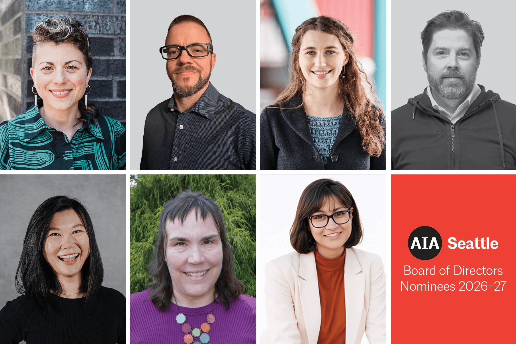 collage of headshots for the members being voted on or elevated2026-27 AIA Seattle Board Vote