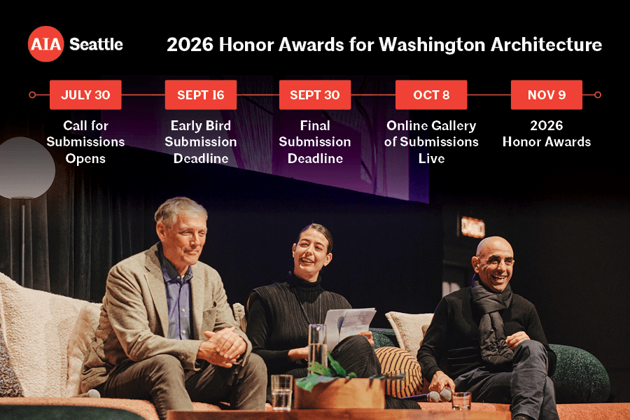 A timeline for the 2026 honor awards dates and deadlines overlayed over a photo of 2025 jury onstage